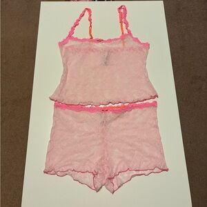 SKIMS Pink Lace Cami and Shorts Sleep Set